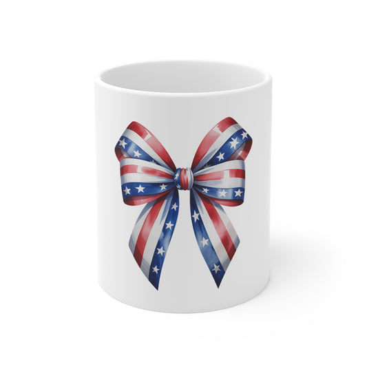 Patriotic Ribbon Bow Mug — American Flag Stars & Stripes 11oz Coffee Cup