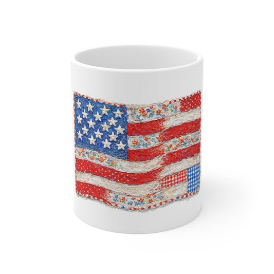 Patriotic Patchwork USA Flag Mug — Quilted Americana 11oz Coffee Cup