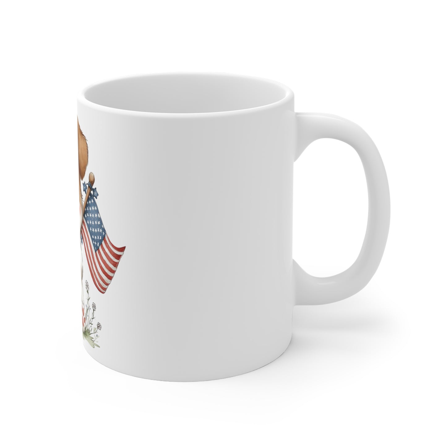 Cute Patriotic Puppy Flag Mug – 4th of July Dog Coffee Mug – Americana Puppy Holding Flag Cup – Red White Blue Pet Lover Gift Cute Puppy with American Flag 11oz Mug — Patriotic Dog Coffee Cup