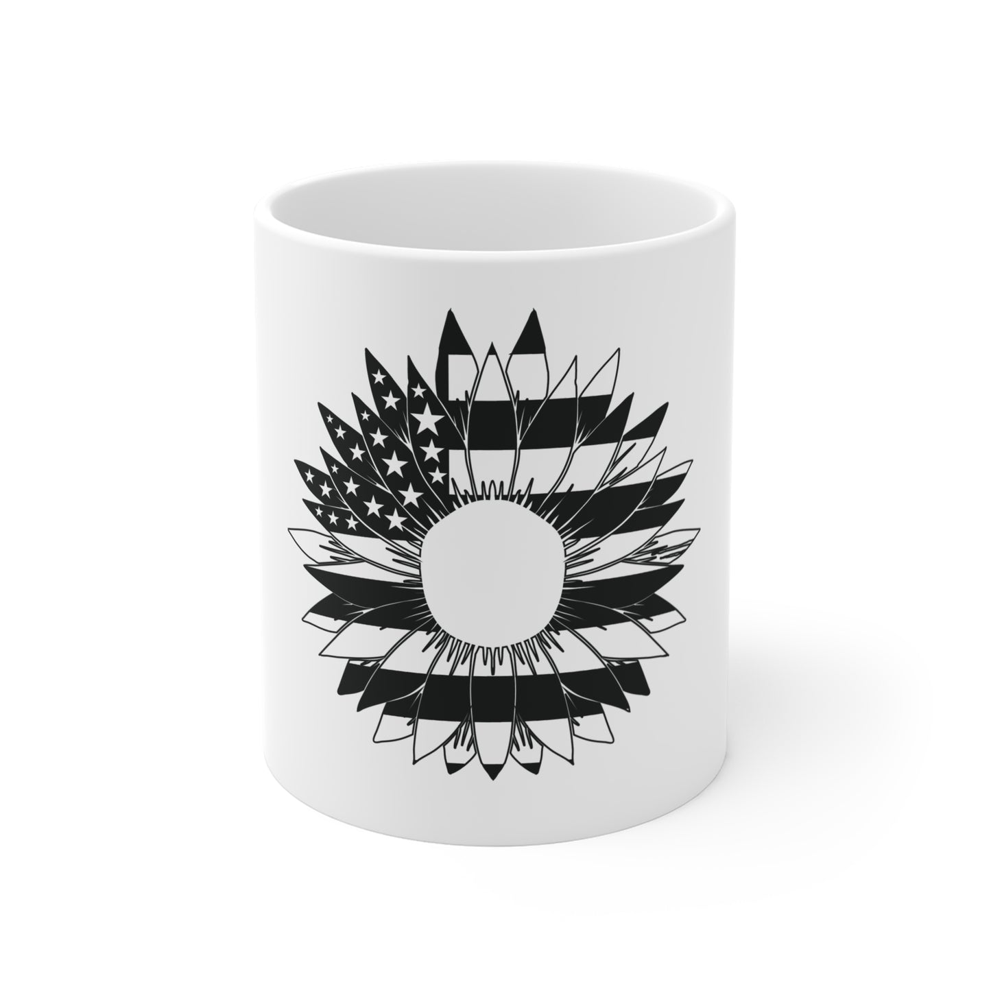 Black & White Patriotic Sunflower Mug – American Flag Floral Coffee Mug – Modern Americana Bloom Cup – Minimalist USA Gift Mug Mug 11oz