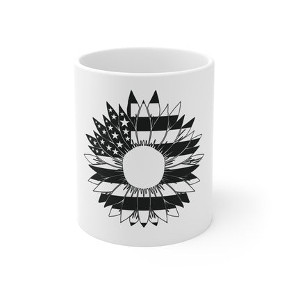 Black & White Patriotic Sunflower Mug – American Flag Floral Coffee Mug – Modern Americana Bloom Cup – Minimalist USA Gift Mug Mug 11oz