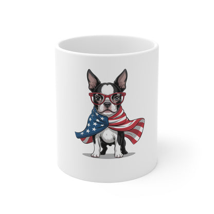 Patriotic Boston Terrier Mug — 11oz Dog Coffee Cup with American Flag Scarf and Glasses
