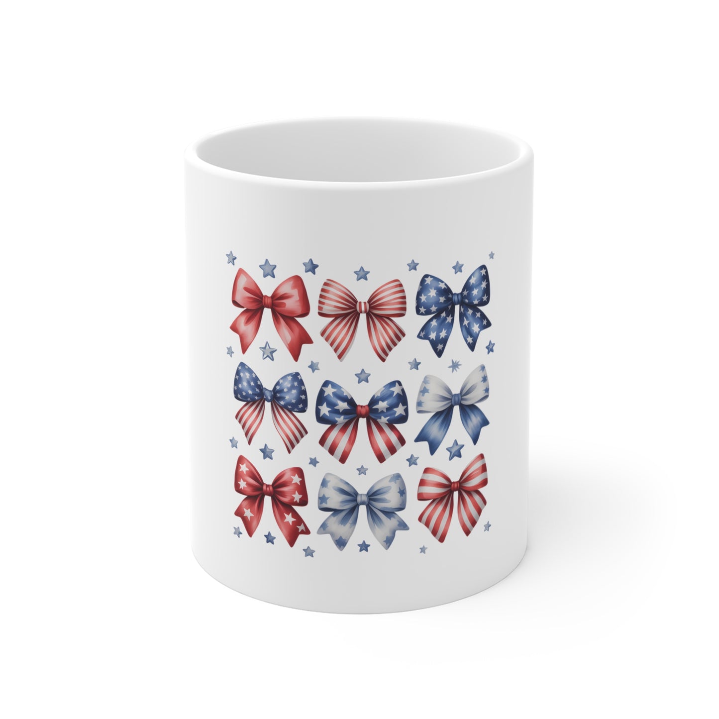 Patriotic Bow Pattern Mug – 11oz Americana Stars & Stripes Coffee Cup