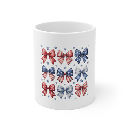 Patriotic Bow Pattern Mug – 11oz Americana Stars & Stripes Coffee Cup