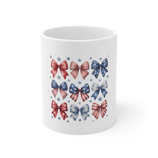 Patriotic Bow Pattern Mug – 11oz Americana Stars & Stripes Coffee Cup