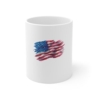 American Flag Watercolor Mug — 11oz Patriotic Coffee Cup for 4th of July, Veterans Day, Memorial Day