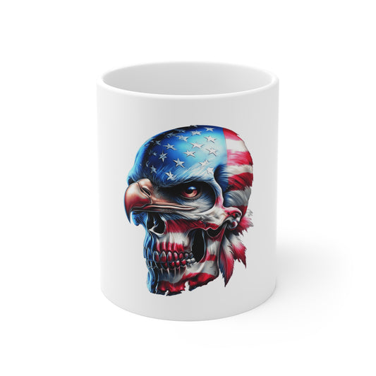 Patriotic Eagle Skull Coffee Mug – American Flag Skull with Eagle Beak – Fierce USA Freedom Mug – Bold Patriotic Mug 11oz