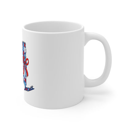 New York Floral State Outline 11oz Coffee Mug — Red & Blue Flower Pattern with Ribbon