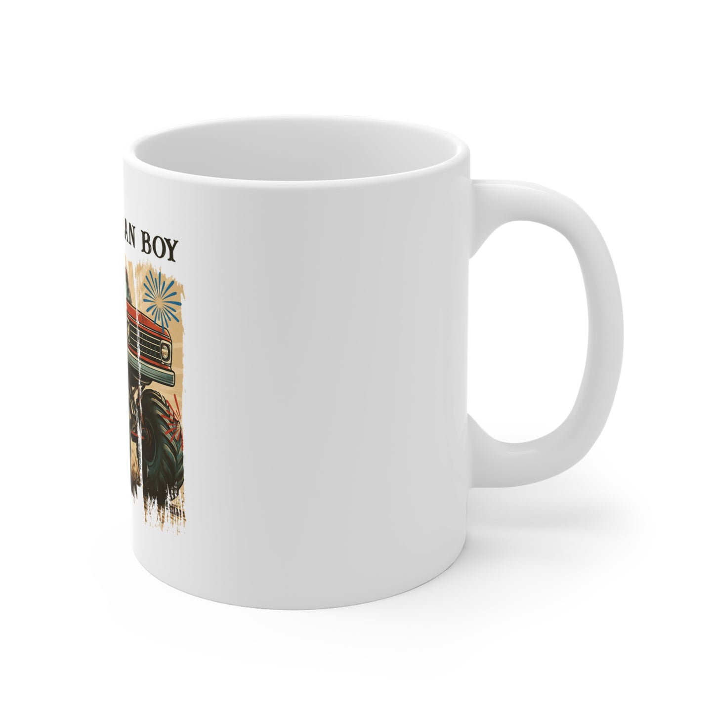 All American Boy Monster Truck Mug – Patriotic Truck Coffee Cup – Vintage USA Off-Road Design Mug 11oz