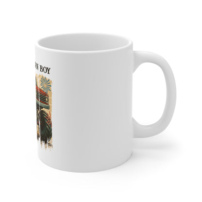 All American Boy Monster Truck Mug – Patriotic Truck Coffee Cup – Vintage USA Off-Road Design Mug 11oz