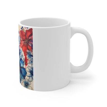 Elegant Patriotic Floral Coffee Mug – Red Blue Botanical Mug – Refined Watercolor Flower Cup – Premium Americana Art Mug Patriotic Watercolor Floral Mug – Red, White & Blue Flower Coffee Cup (11oz...