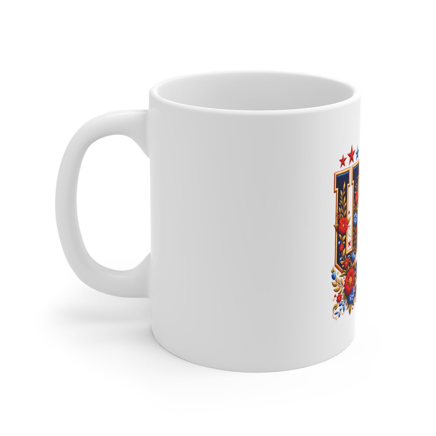 USA Floral Flag Mug — Patriotic 11oz Coffee Cup for 4th of July & Veterans Day