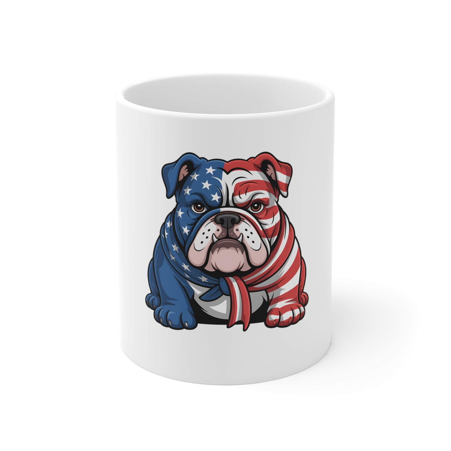 Patriotic Bulldog Mug — American Flag 11oz Coffee Cup