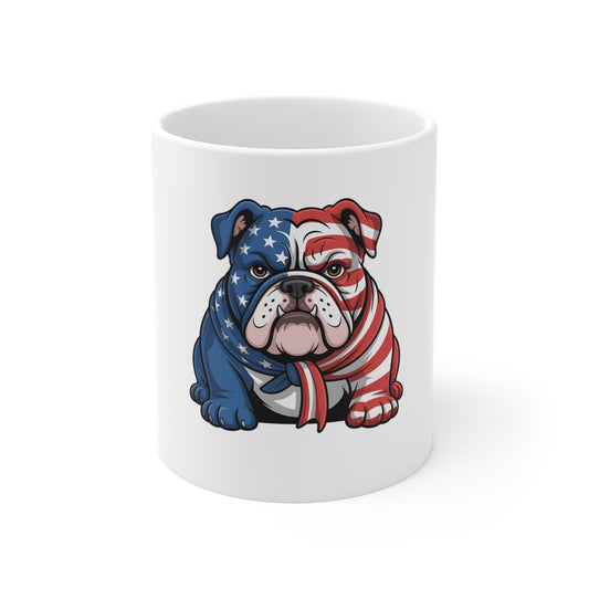 Patriotic Bulldog Mug — American Flag 11oz Coffee Cup