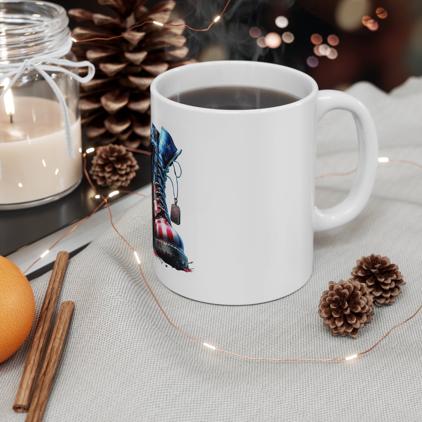 Patriotic Combat Boots Coffee Mug – American Flag Military Boots with Dog Tags – USA Freedom Tribute Mug – Bold Veteran Gift Mug 11oz