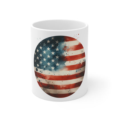 Watercolor American Flag Circle Coffee Mug – Artistic USA Flag Mug – Patriotic Paint Splash Round Design Cup Mug 11oz