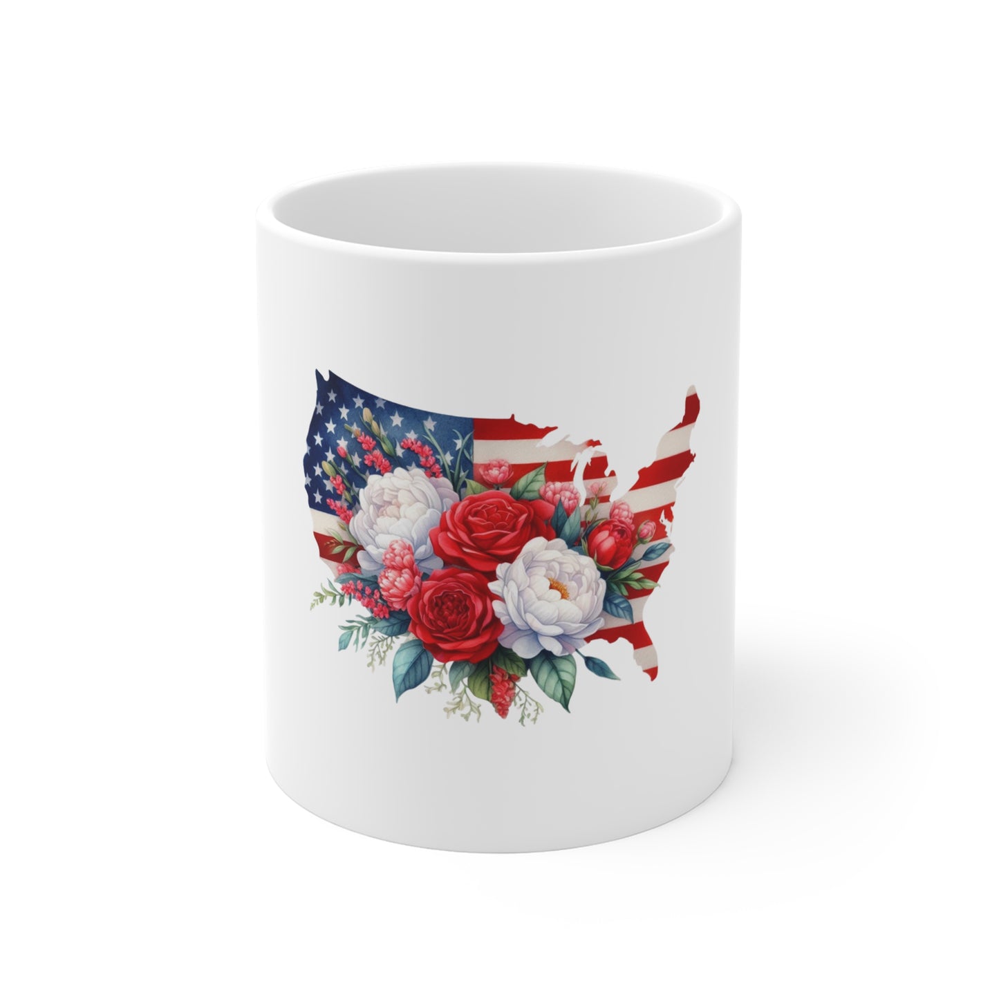 Patriotic Floral USA Map Mug — American Flag with Red & White Roses (11 oz)