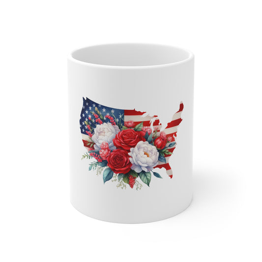 Patriotic Floral USA Map Mug — American Flag with Red & White Roses (11 oz)