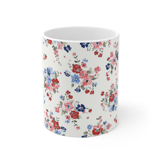Soft Vintage Patriotic Floral Coffee Mug – Red White Blue Cottage Garden Mug – Shabby Chic Americana Cup – Delicate Floral Pattern Mug Floral Vintage 11oz Ceramic Mug — Red & Blue Cottagecore Flower...