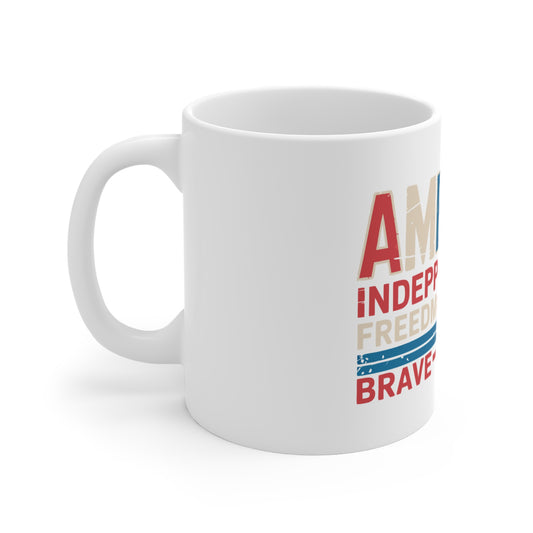 America Patriotic 11oz Coffee Mug — Independence, Freedom & Brave Word Art