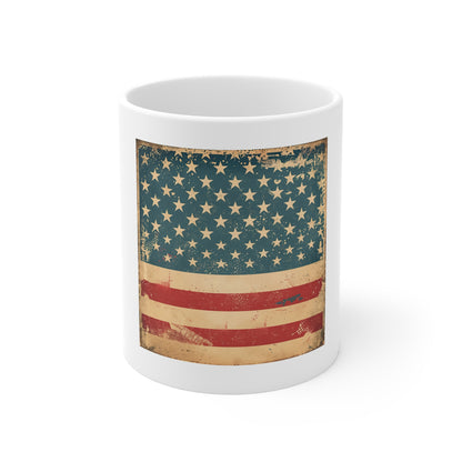 Vintage American Flag Coffee Mug – Patriotic Distressed USA Mug – 11oz Ceramic – Gift for Veterans, Patriots & Proud Americans