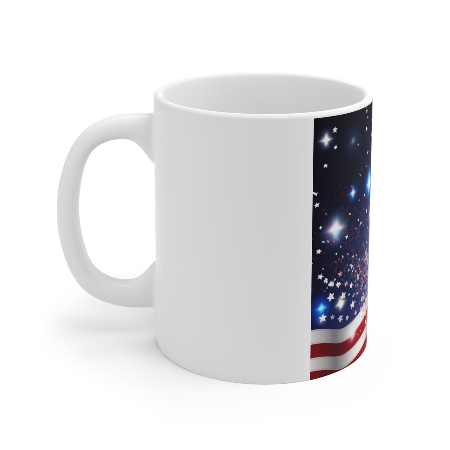 Sparkling Stars & Stripes Coffee Mug – Patriotic Glitter Wave Mug – Firework Americana Cup – Red White Blue Celebration Design Patriotic Stars & Stripes Coffee Mug – 11oz American Flag Design