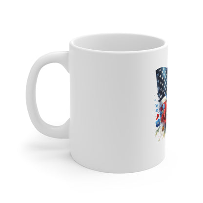 American Flag Mug with Poppies and Daisies — Patriotic 11oz Coffee Cup for Memorial Day & Veterans