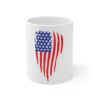 Distressed Vertical American Flag Coffee Mug – Split Brush USA Flag Mug – Modern Patriotic Cup – Red White Blue Gift Mug 11oz
