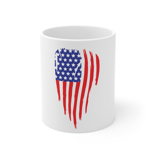 Distressed Vertical American Flag Coffee Mug – Split Brush USA Flag Mug – Modern Patriotic Cup – Red White Blue Gift Mug 11oz