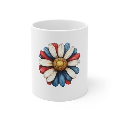 Patriotic Daisy Mug — Red White & Blue Flower Coffee Cup (11 oz)