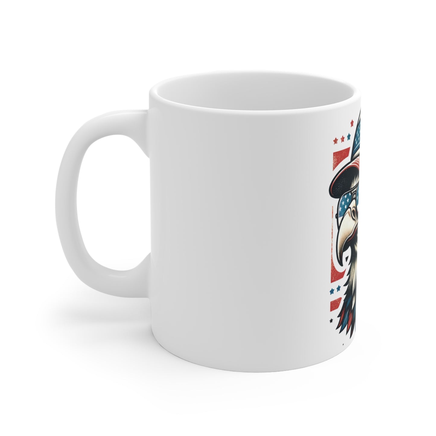 Patriotic Eagle Sunglasses Coffee Mug – American Flag Trucker Hat Eagle Mug – USA Freedom Bird Cup – Vintage Americana Gift Mug 11oz