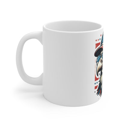 Patriotic Eagle Sunglasses Coffee Mug – American Flag Trucker Hat Eagle Mug – USA Freedom Bird Cup – Vintage Americana Gift Mug 11oz
