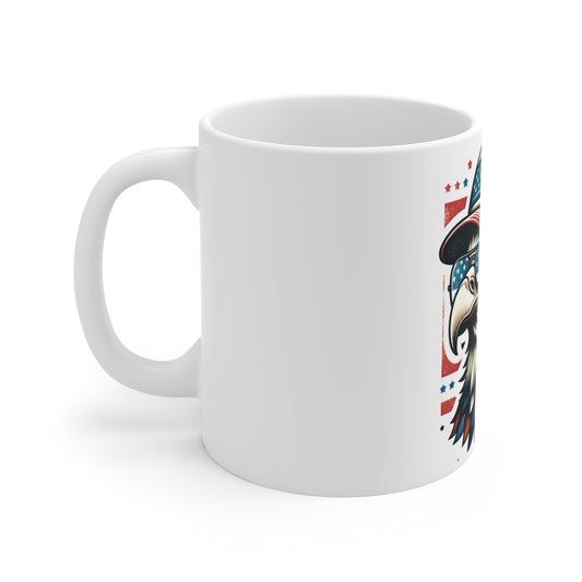 Patriotic Eagle Sunglasses Coffee Mug – American Flag Trucker Hat Eagle Mug – USA Freedom Bird Cup – Vintage Americana Gift Mug 11oz