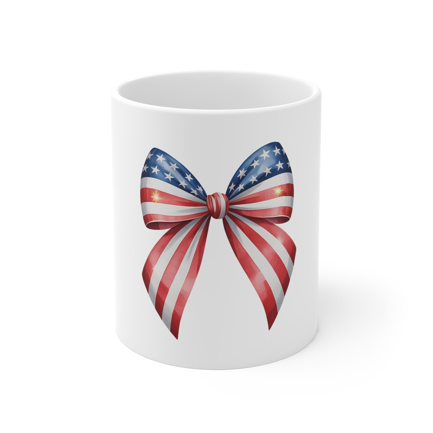 Patriotic American Flag Bow Mug — 11oz USA Stars & Stripes Coffee Cup