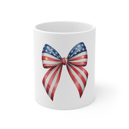 Patriotic American Flag Bow Mug — 11oz USA Stars & Stripes Coffee Cup