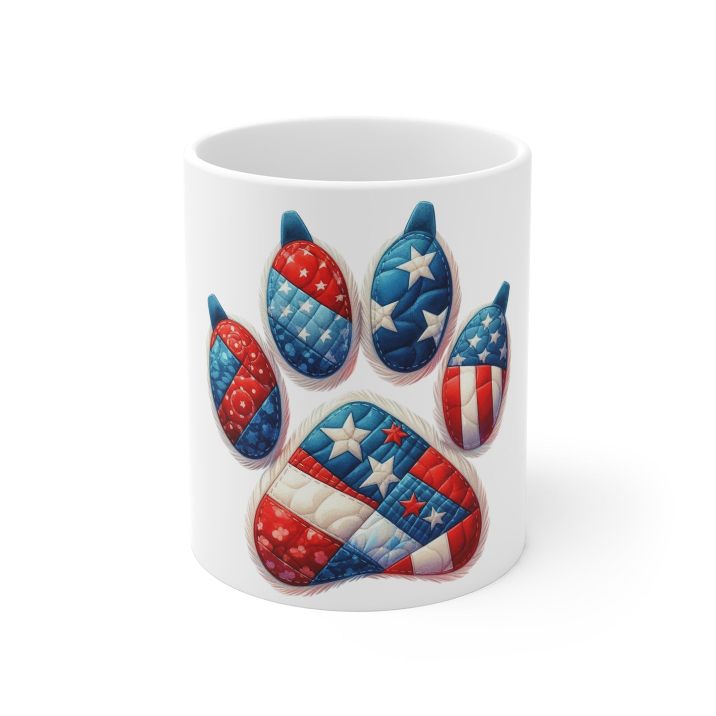Patriotic Dog Paw Coffee Mug – Americana Patchwork Paw with Fur Detail – Red White Blue Dog Lover Mug – USA Pet Gift Cup Patriotic Paw Print Mug — 11oz American Flag Dog Paw Coffee Cup