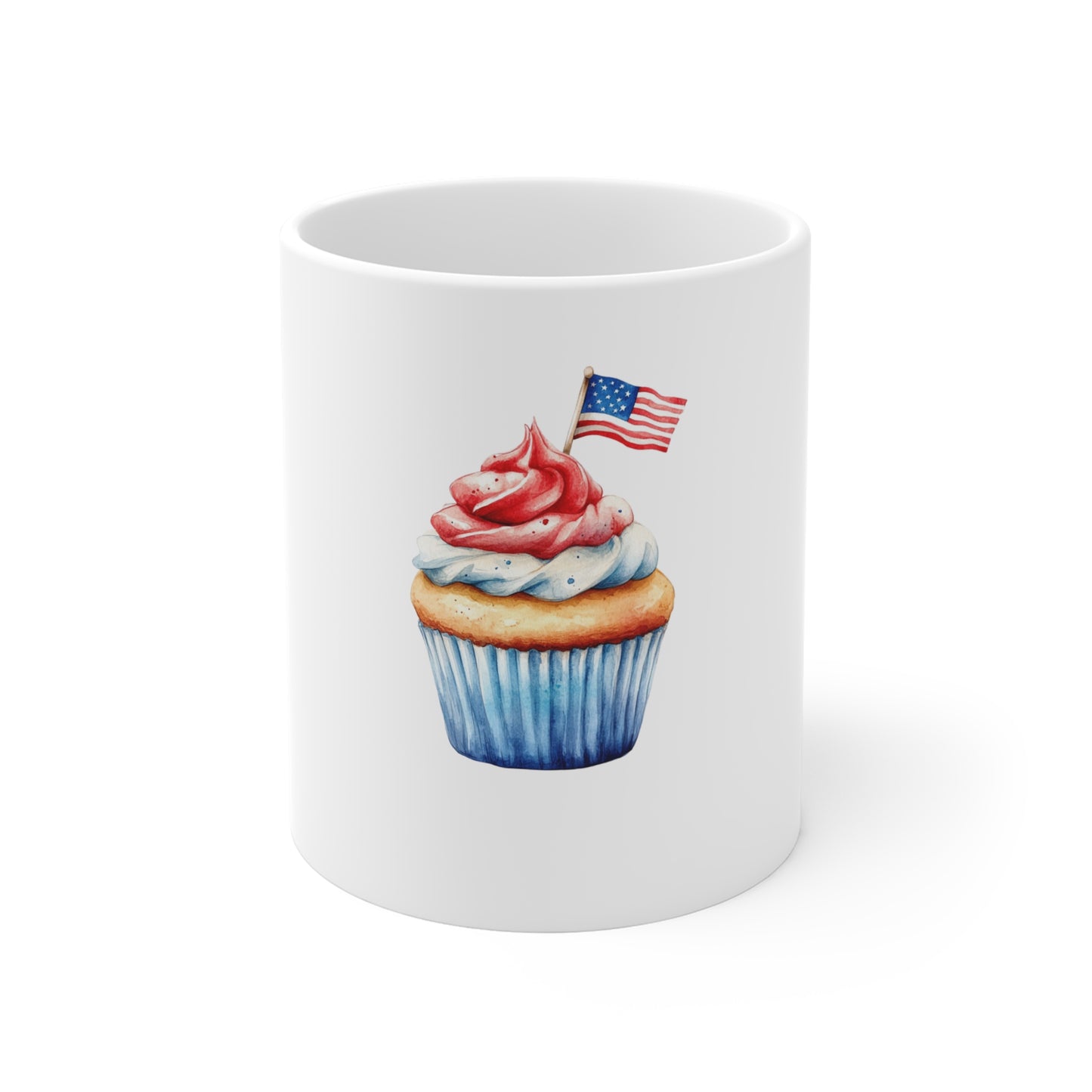 Patriotic Cupcake Mug — 11 oz Fourth of July Coffee Cup with American Flag Dessert Design