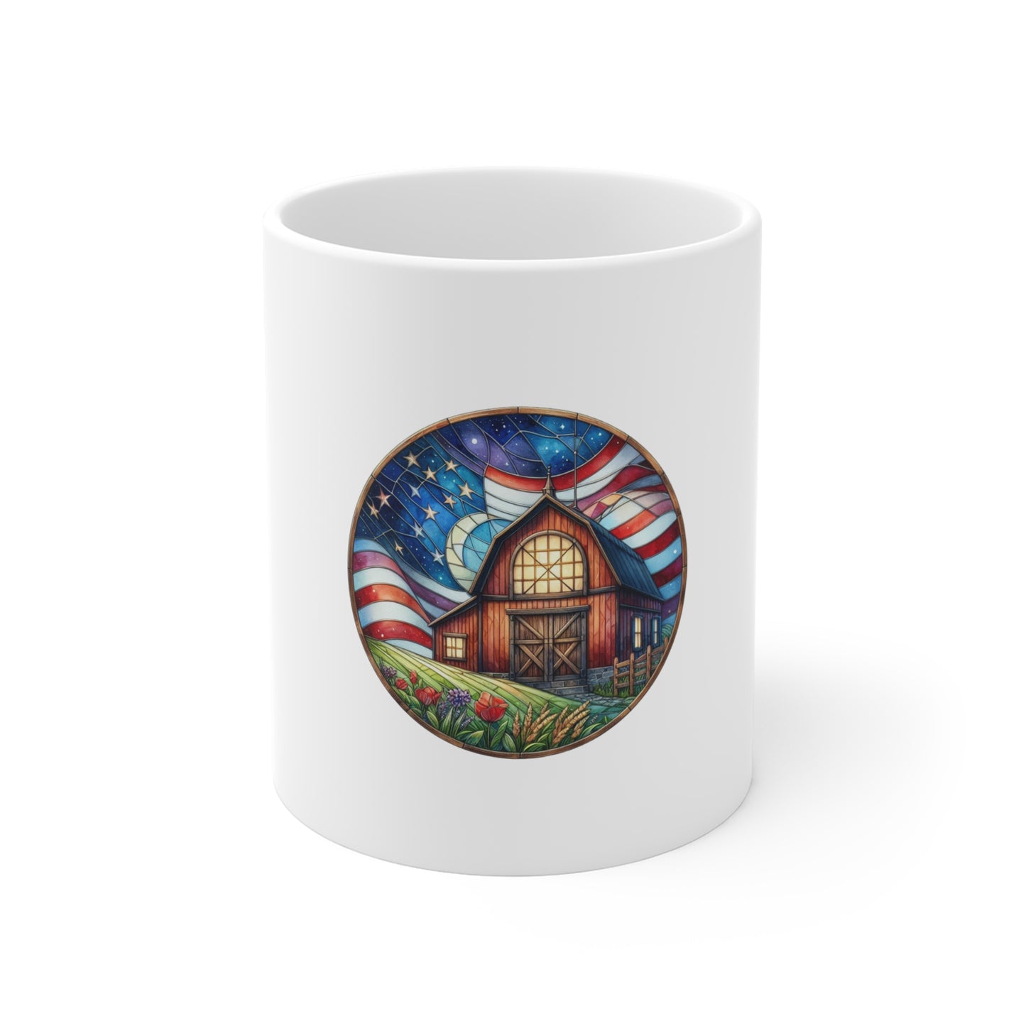 Stained Glass Patriotic Barn Mug – Americana Farmhouse Coffee Mug – Red White Blue Country Art Cup – Rustic USA Gift Mug 11oz