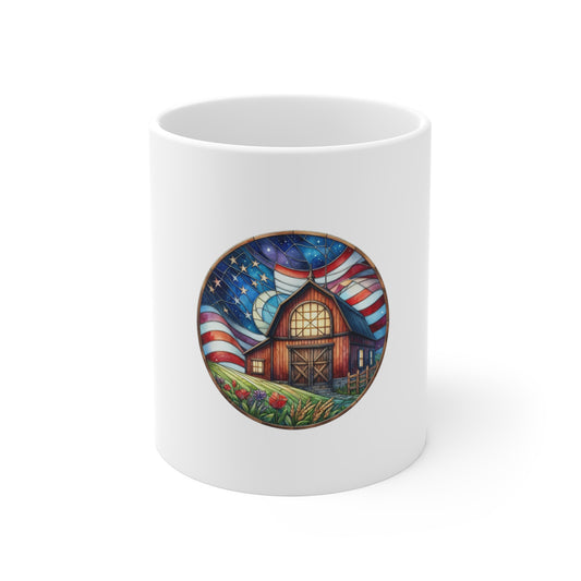 Stained Glass Patriotic Barn Mug – Americana Farmhouse Coffee Mug – Red White Blue Country Art Cup – Rustic USA Gift Mug 11oz