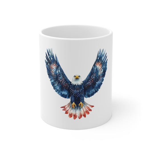 Eagle Flight 11oz Ceramic Mug — Patriotic Blue Red Soaring Eagle Coffee Cup