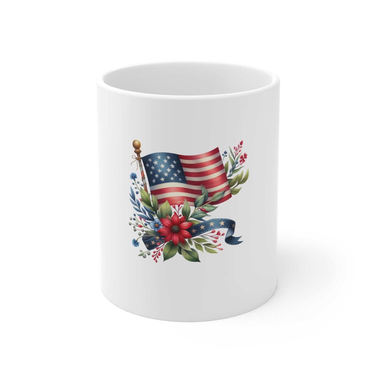 American Flag Floral Mug - Patriotic 11oz Coffee Cup (Stars & Stripes Bouquet)