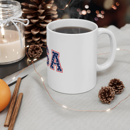 USA Stars Varsity Mug – Patriotic Star Pattern Coffee Mug – Red White Blue USA Letter Cup – Classic Americana Gift Mug 11oz