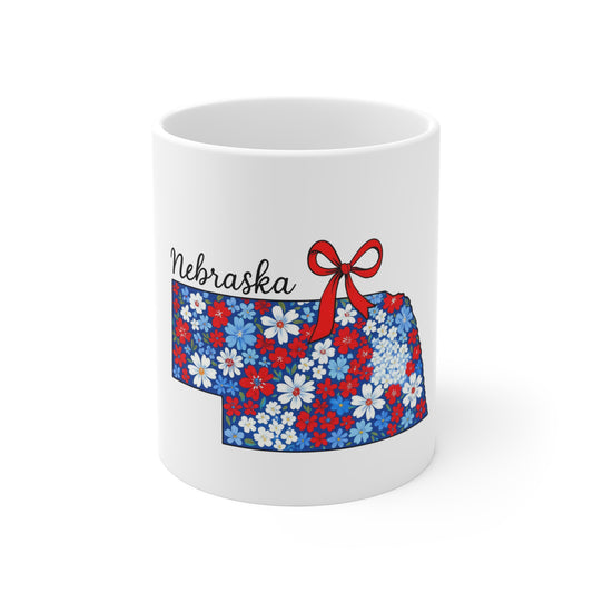 Nebraska Floral State Mug — Red, White & Blue Daisy Tea Coffee Cup