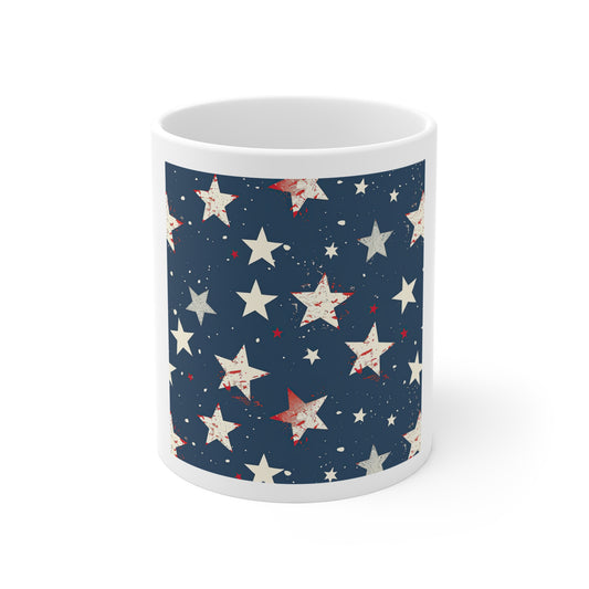 Distressed Star Americana Coffee Mug – Vintage Patriotic Star Mug – Rustic USA Star Pattern Cup – Retro Red White Blue Mug Patriotic Star Pattern Mug — 11oz Americana Coffee Cup (Independence Day...