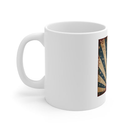 Vintage Americana Rising Sun Coffee Mug – Distressed Patriotic Starburst Mug – Retro USA Heritage Cup – Classic American Poster Style Gift Vintage American Flag Sunrise Mug — Patriotic Retro Stars &...