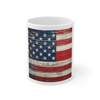 Scraped Barnwood American Flag Coffee Mug – Weathered USA Flag Mug – Rustic Distressed Wood Grain Patriotic Cup – Vintage Americana Mug Rustic American Flag Mug — Vintage USA 11oz Coffee Cup