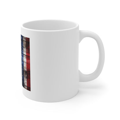 Patchwork American Flag Wood Coffee Mug – Rustic Mosaic USA Flag Mug – Barnwood Patch Flag Cup – Distressed Americana Gift American Flag Rustic Wood 11oz Mug – Patriotic Stars & Stripes Coffee Cup...