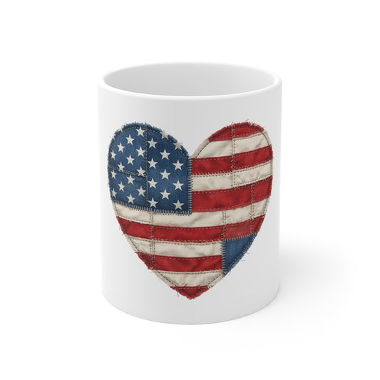 American Flag Heart Mug – Patriotic 11oz Coffee Cup (USA Fourth of July Gift)