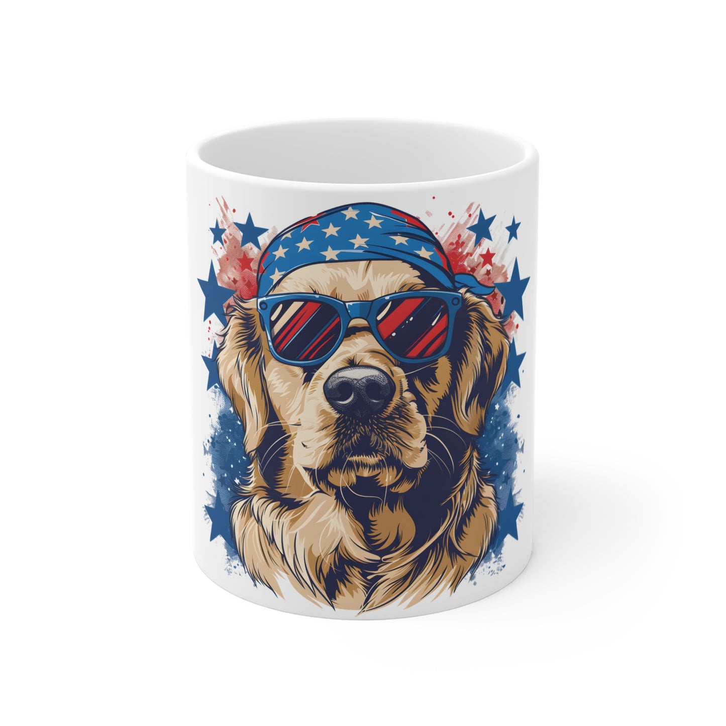 Patriotic Golden Retriever Sunglasses Mug – USA Dog Bandana Coffee Mug – Cool American Pup Art Cup – 4th of July Gift 11oz