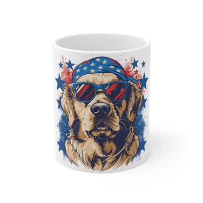Patriotic Golden Retriever Sunglasses Mug – USA Dog Bandana Coffee Mug – Cool American Pup Art Cup – 4th of July Gift 11oz